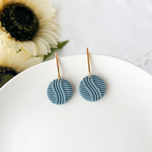 Chic Blue Circle Dangle Earrings, Lightweight Clay Jewelry, Statement Clip On Earrings