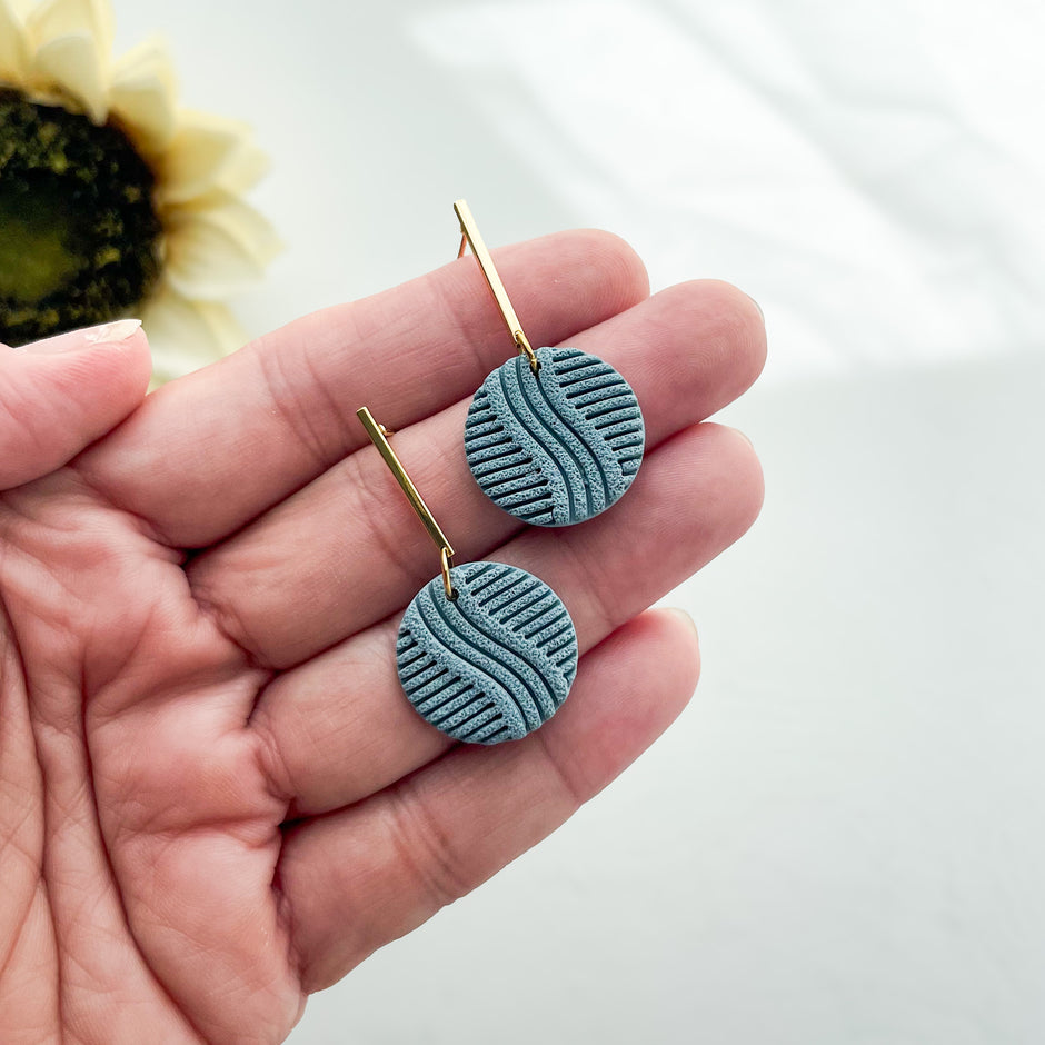 Chic Blue Circle Dangle Earrings | Lightweight Clay Jewelry | Statement Clip On Earrings