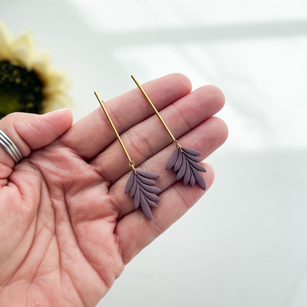 Eggplant Leaf Dangle Earrings | Handmade Lightweight Statement Jewelry | Polymer Clay Clip On