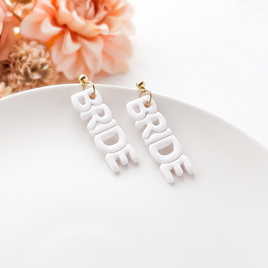 Handmade Bride Dangles For Bachelorette | White Statement Earrings for Brides | Clip On Polymer Clay Jewelry