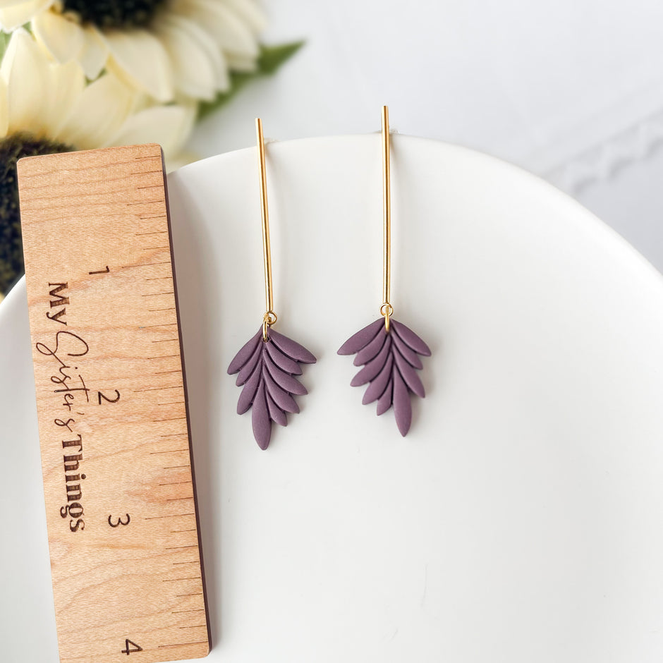 Eggplant Leaf Dangle Earrings | Handmade Lightweight Statement Jewelry | Polymer Clay Clip On