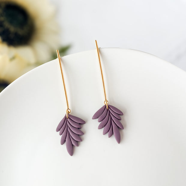 Eggplant Leaf Dangle Earrings | Handmade Lightweight Statement Jewelry | Polymer Clay Clip On