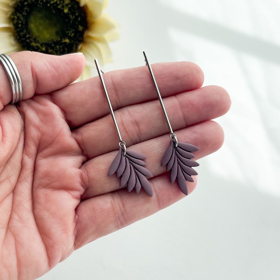 Eggplant Leaf Dangle Earrings | Handmade Lightweight Statement Jewelry | Polymer Clay Clip On