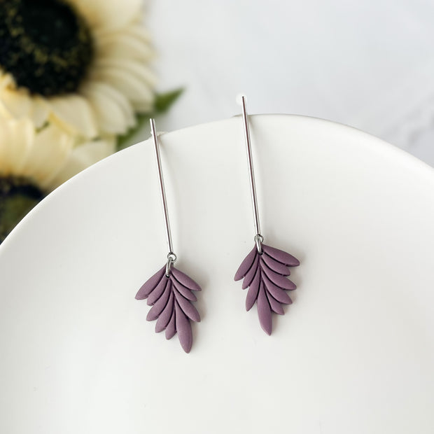 Eggplant Leaf Dangle Earrings | Handmade Lightweight Statement Jewelry | Polymer Clay Clip On