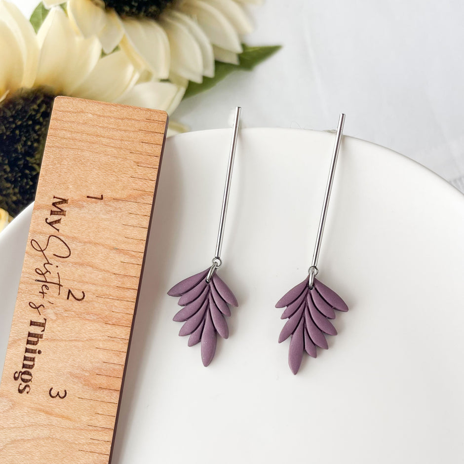 Eggplant Leaf Dangle Earrings | Handmade Lightweight Statement Jewelry | Polymer Clay Clip On