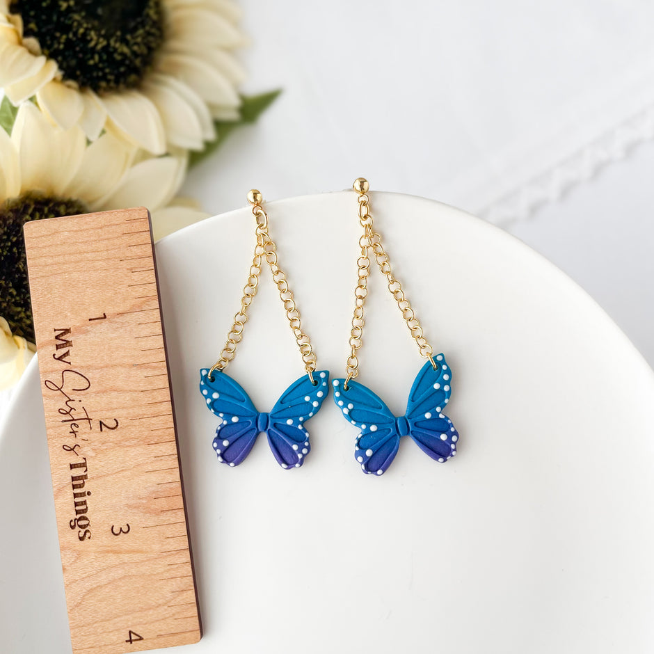 Blue Butterfly Dangle Earrings Gold | Whimsical Polymer Clay Jewelry | Handmade Butterfly Clip-On Earrings Option