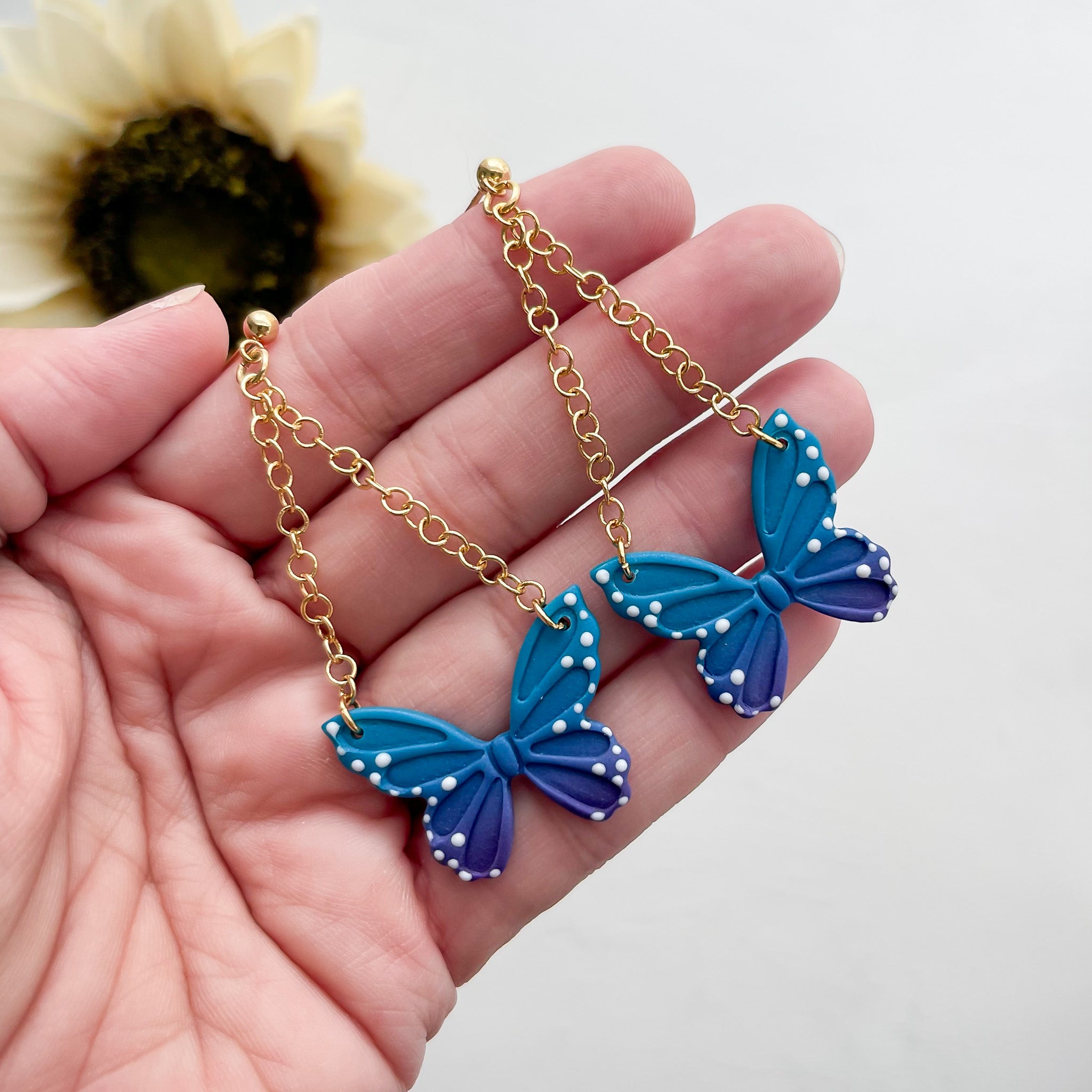 Blue Butterfly Dangle Earrings Gold | Whimsical Polymer Clay Jewelry | Handmade Butterfly Clip-On Earrings Option