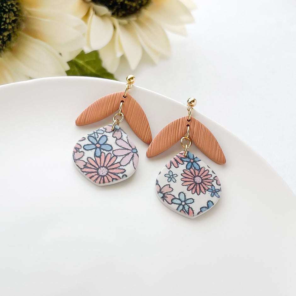 Boho Chic Floral Handmade Statement Earrings | Vintage Style Drop Earrings | Unique Polymer Clay Earrings For Women | Clip-On Earrings