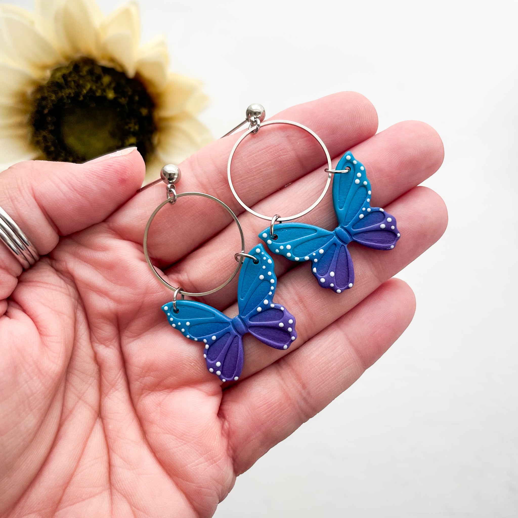 Blue Butterfly Dangle Earrings Silver | Whimsical Polymer Clay Jewelry | Handmade Butterfly Clip-On Earrings