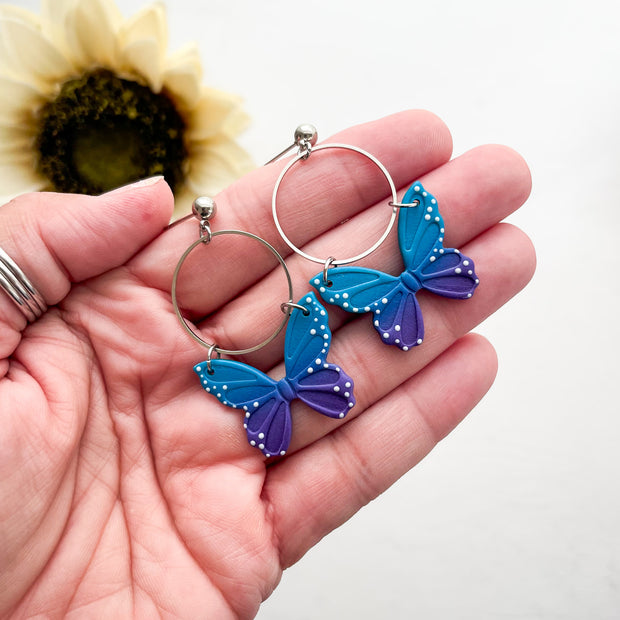 Blue Butterfly Dangle Earrings Silver | Whimsical Polymer Clay Jewelry | Handmade Butterfly Clip-On Earrings
