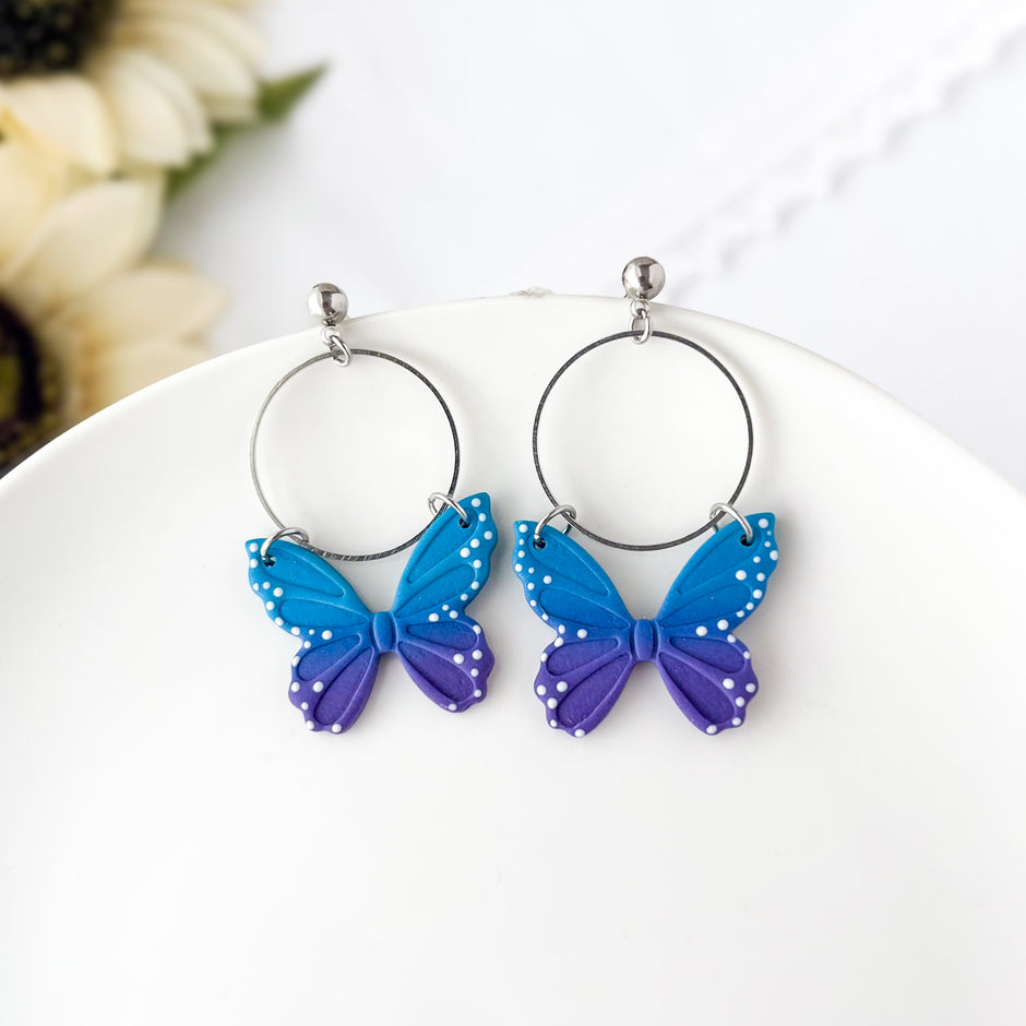 Blue Butterfly Dangle Earrings Silver | Whimsical Polymer Clay Jewelry | Handmade Butterfly Clip-On Earrings