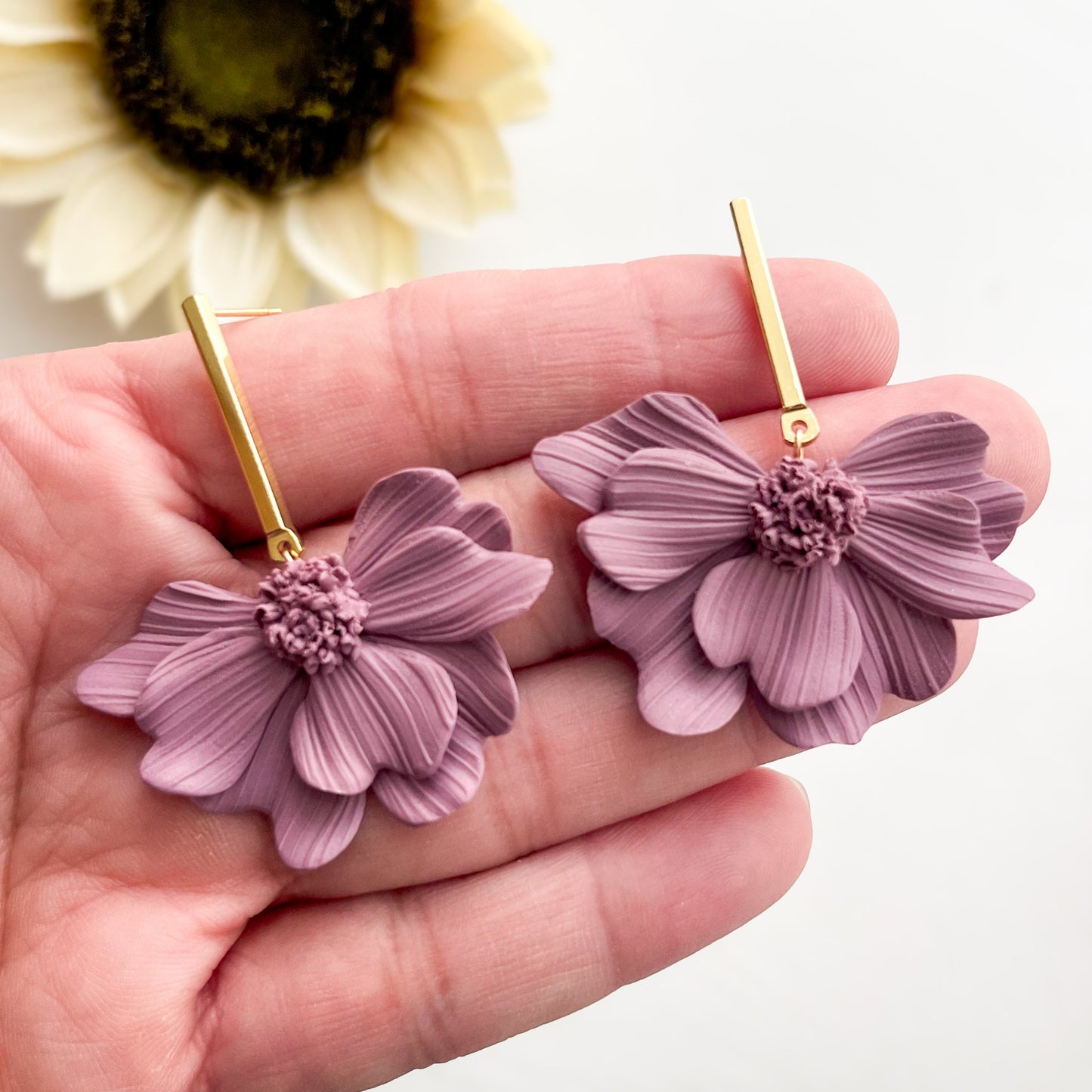 Purple Cosmos Flower Dangle Earrings, Polymer Clay Jewelry, Handmade Floral Chic Earrings, Lightweight Hypoallergenic Earrings Gold