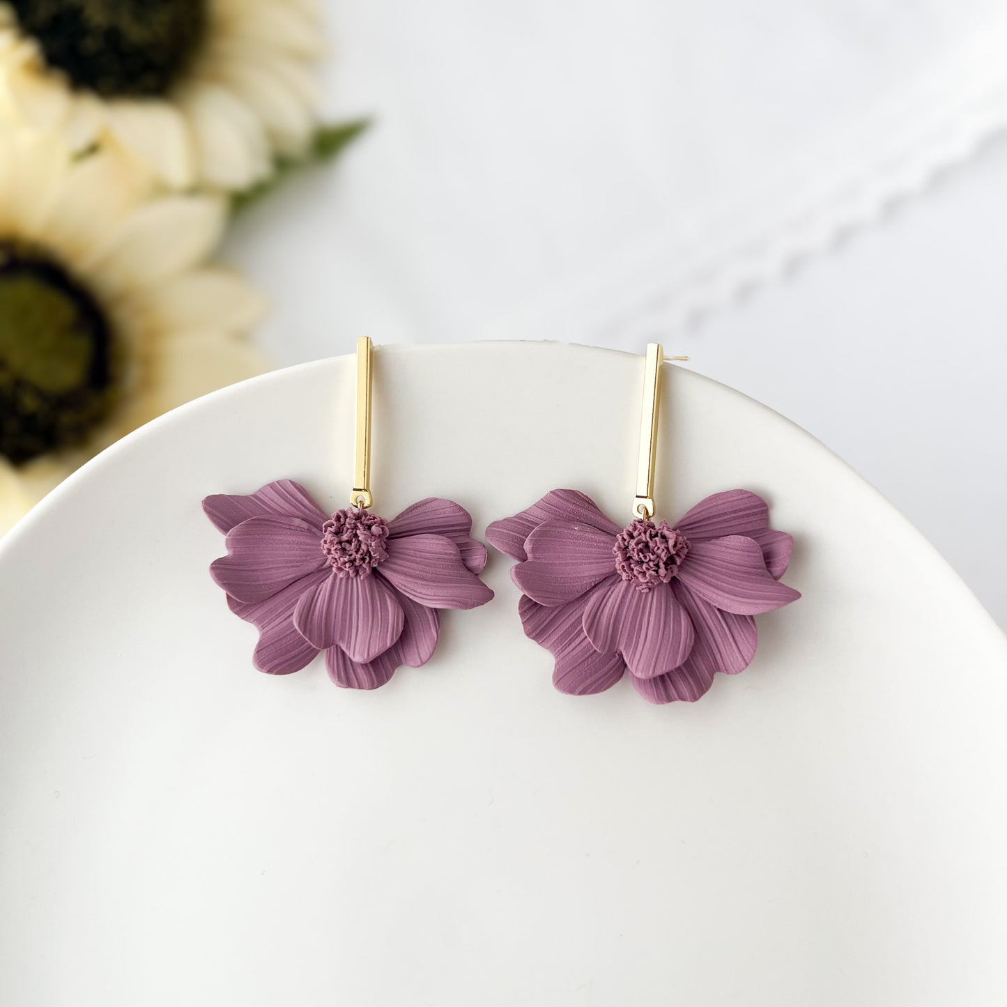 Purple Cosmos Flower Dangle Earrings, Polymer Clay Jewelry, Handmade Floral Chic Earrings, Lightweight Hypoallergenic Earrings Gold