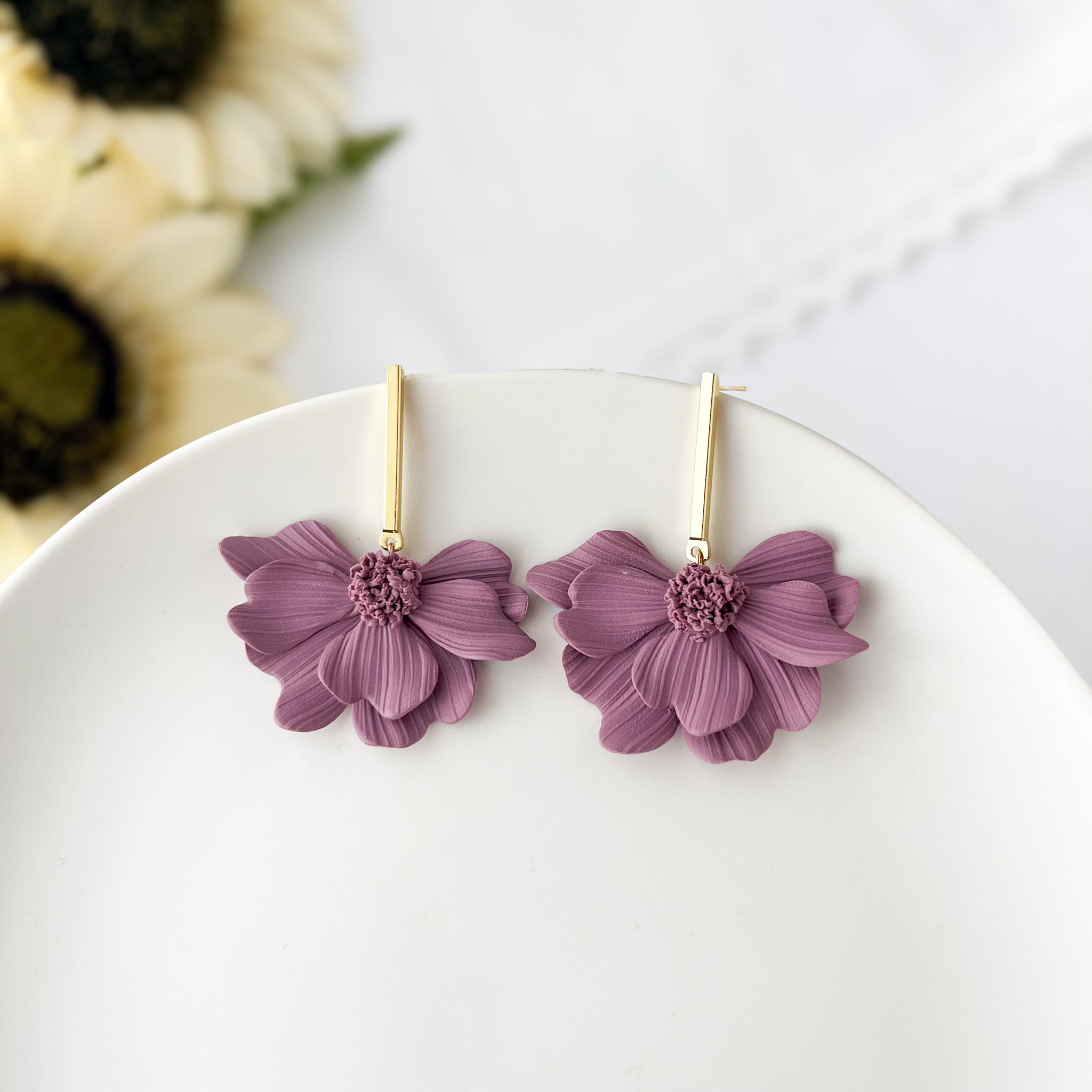 Purple Flower Statement Earrings | Lightweight Polymer Clay Jewelry | Handmade Floral Clip-On Earrings