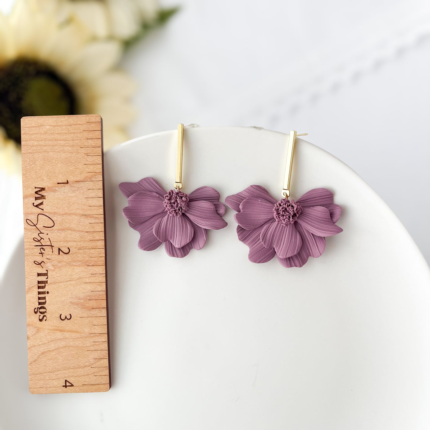 Purple Cosmos Flower Dangle Earrings, Polymer Clay Jewelry, Handmade Floral Chic Earrings, Lightweight Hypoallergenic Earrings Gold