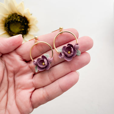 Dainty Purple Flower Dangle Earrings, Lightweight Polymer Clay Floral Earrings, Hypoallergenic, Clip On Option
