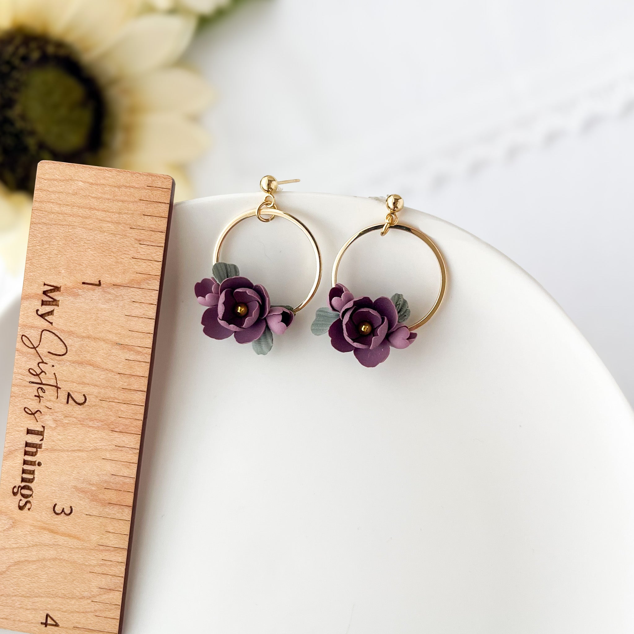 Dainty Purple Flower Earrings | Lightweight Polymer Clay Statement Jewelry | Boho Chic Clip-On Earrings