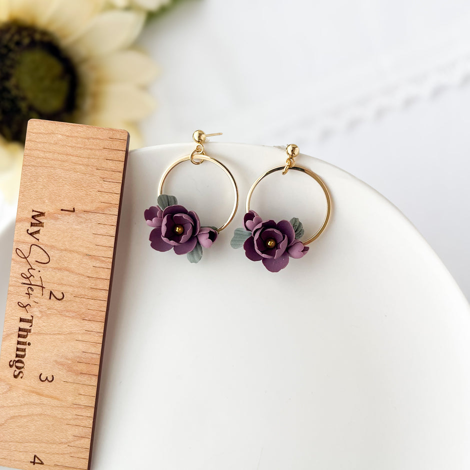 Dainty Purple Flower Earrings | Lightweight Polymer Clay Statement Jewelry | Boho Chic Clip-On Earrings