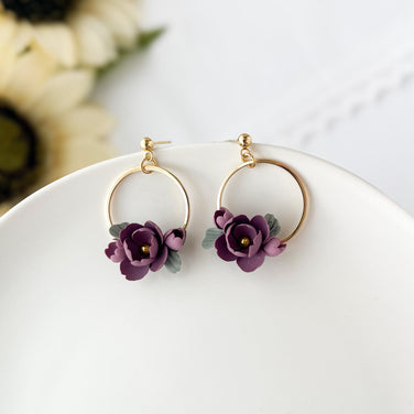 Dainty Purple Flower Dangle Earrings, Lightweight Polymer Clay Floral Earrings, Hypoallergenic, Clip On Option