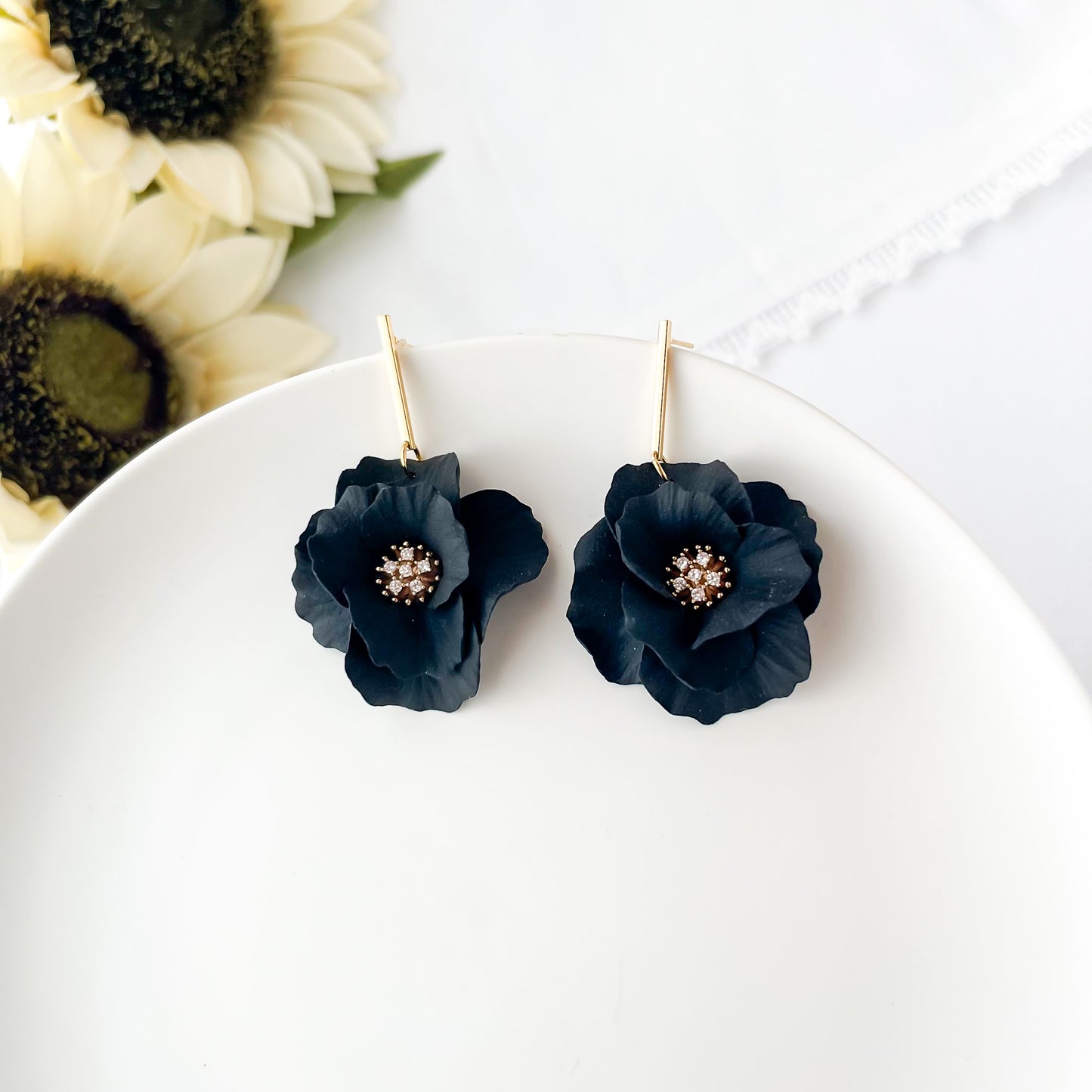Black Flower Dangle Earrings, Lightweight Polymer Clay Statement Jewelry, Boho Large Flower Chic Earrings