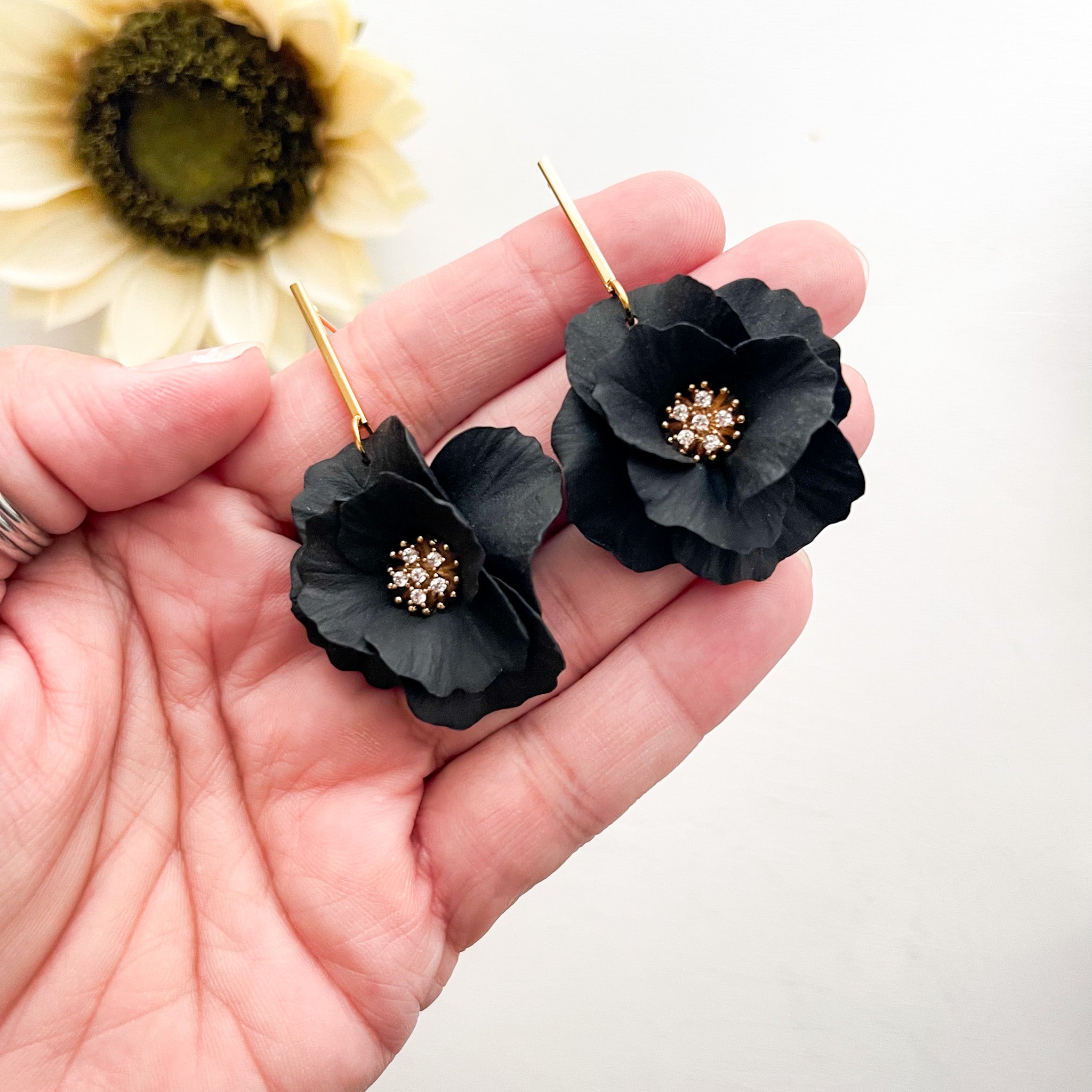 Large Black Flower Dangle Earrings | Lightweight Polymer Clay Statement Jewelry | Boho Flower Chic Clip-On Earrings Option