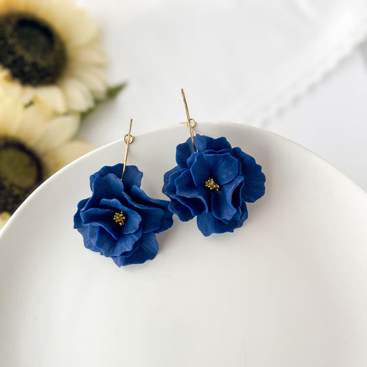 Midnight Blue Flower Earrings, Lightweight Polymer Clay Large Flower Statement Earrings Gold
