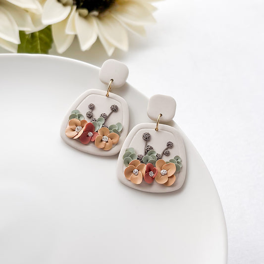 Fall floral dangle earrings, cottagecore clip on earrings, handmade polymer clay jewelry
