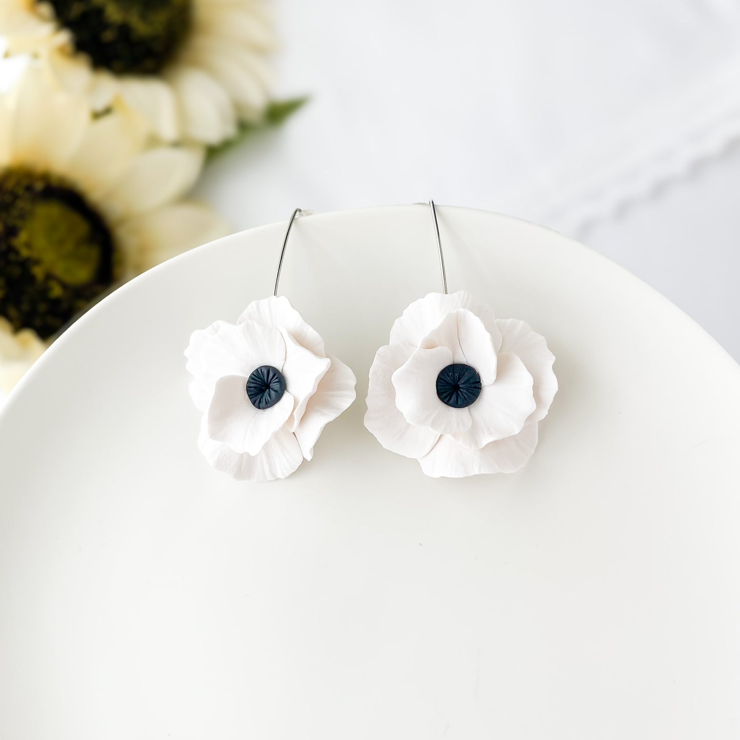 White Flower Drop Earrings, Lightweight Elegant Statement Jewelry, Boho Large Flower Chic Clay Earrings