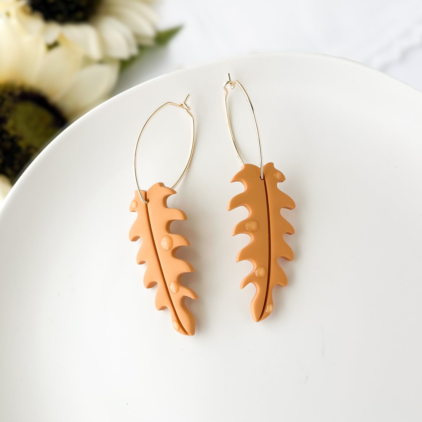 Marigold Dewey Leaf Dangle Earrings, Handmade Lightweight Statement Jewelry, Polymer Clay Clip On