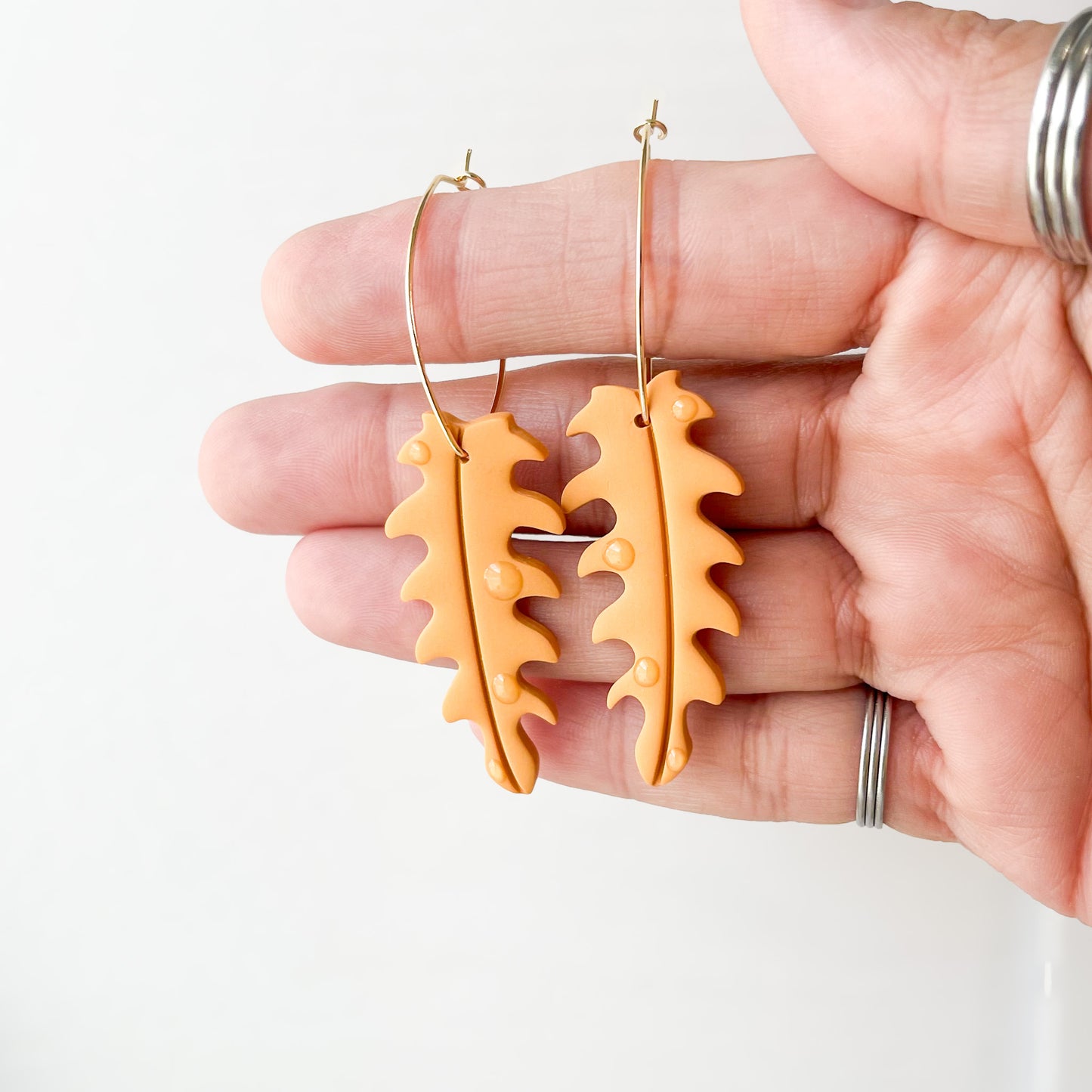 Marigold Dewey Leaf Dangle Earrings, Handmade Lightweight Statement Jewelry, Polymer Clay Clip On
