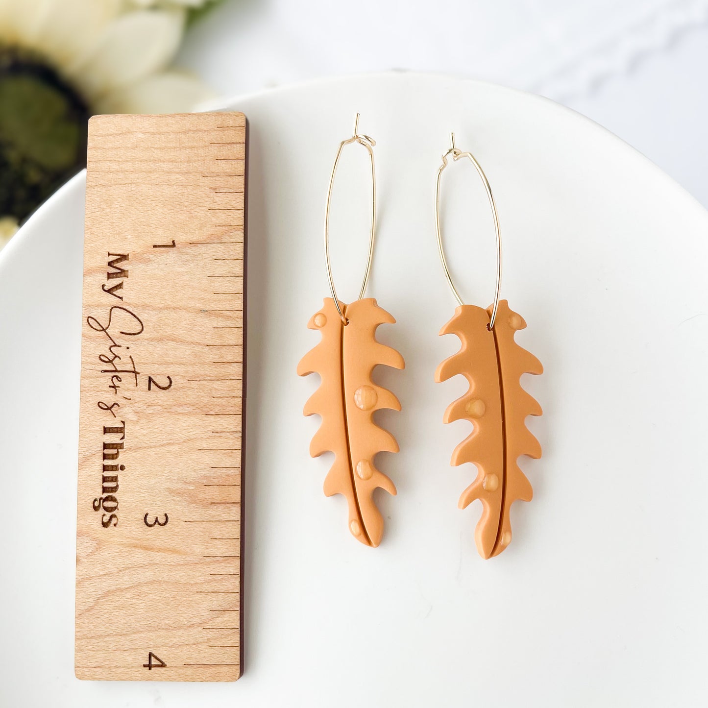 Marigold Dewey Leaf Dangle Earrings, Handmade Lightweight Statement Jewelry, Polymer Clay Clip On
