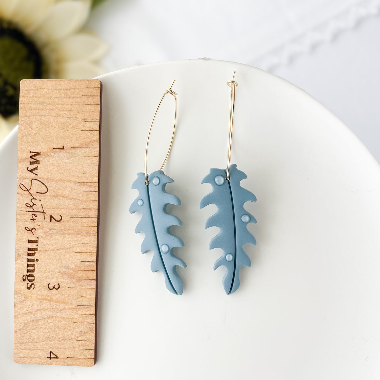 Slate Blue Dewey Leaf Dangle Earrings, Handmade Lightweight Statement Jewelry, Polymer Clay Clip On