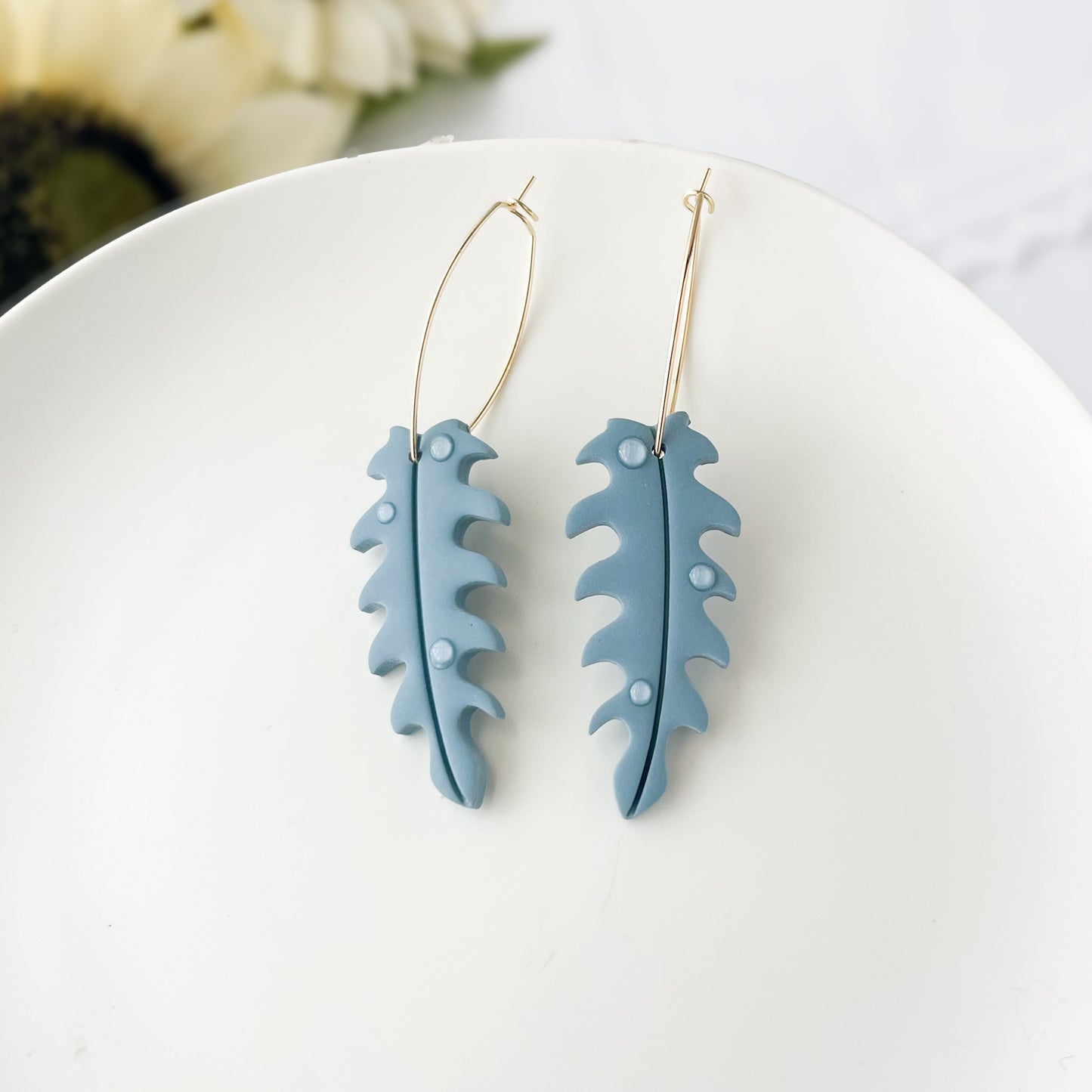 Slate Blue Dewey Leaf Dangle Earrings, Handmade Lightweight Statement Jewelry, Polymer Clay Clip On