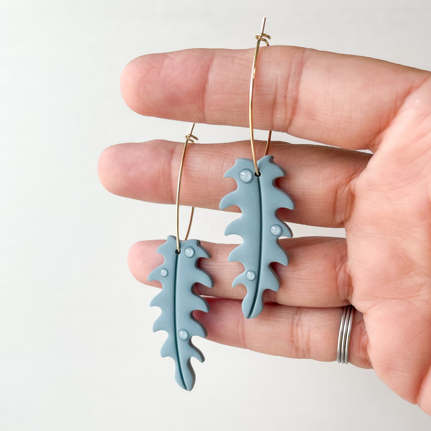 Slate Blue Dewey Leaf Dangle Earrings, Handmade Lightweight Statement Jewelry, Polymer Clay Clip On