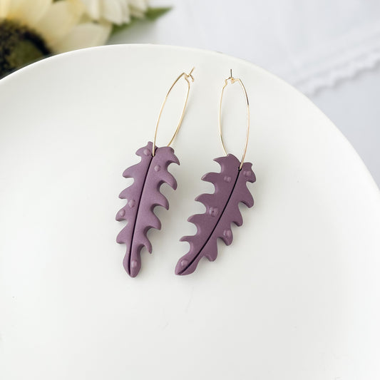Eggplant Dewey Leaf Dangle Earrings, Handmade Lightweight Statement Jewelry, Polymer Clay Clip On