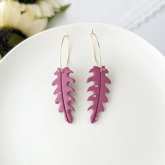 Mauve Dewey Leaf Dangle Earrings, Handmade Lightweight Statement Jewelry, Polymer Clay Clip On