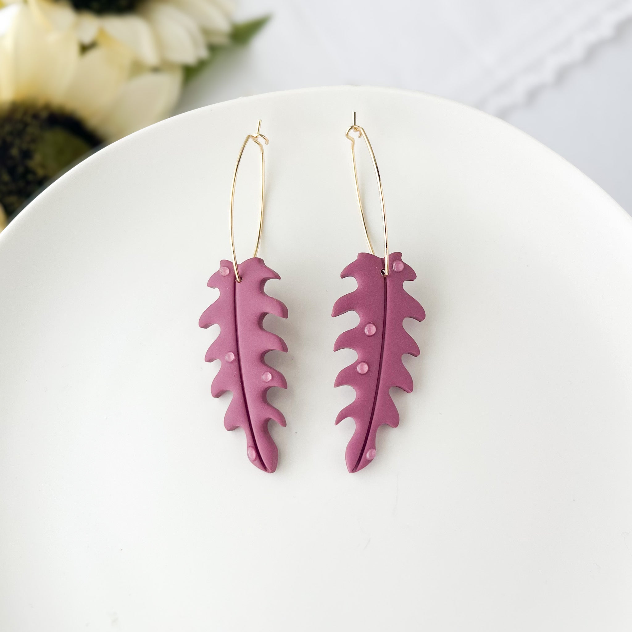Dewey Leaf Dangle Earrings | Handmade Lightweight Statement Jewelry | Polymer Clay Clip On