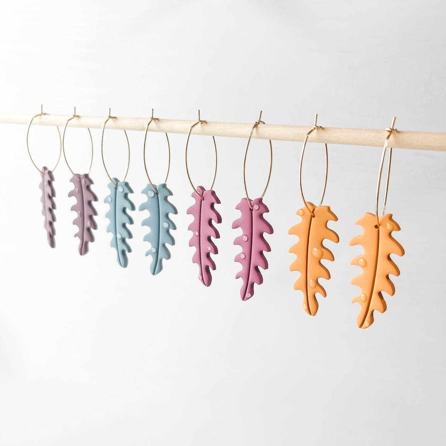 Marigold Dewey Leaf Dangle Earrings, Handmade Lightweight Statement Jewelry, Polymer Clay Clip On