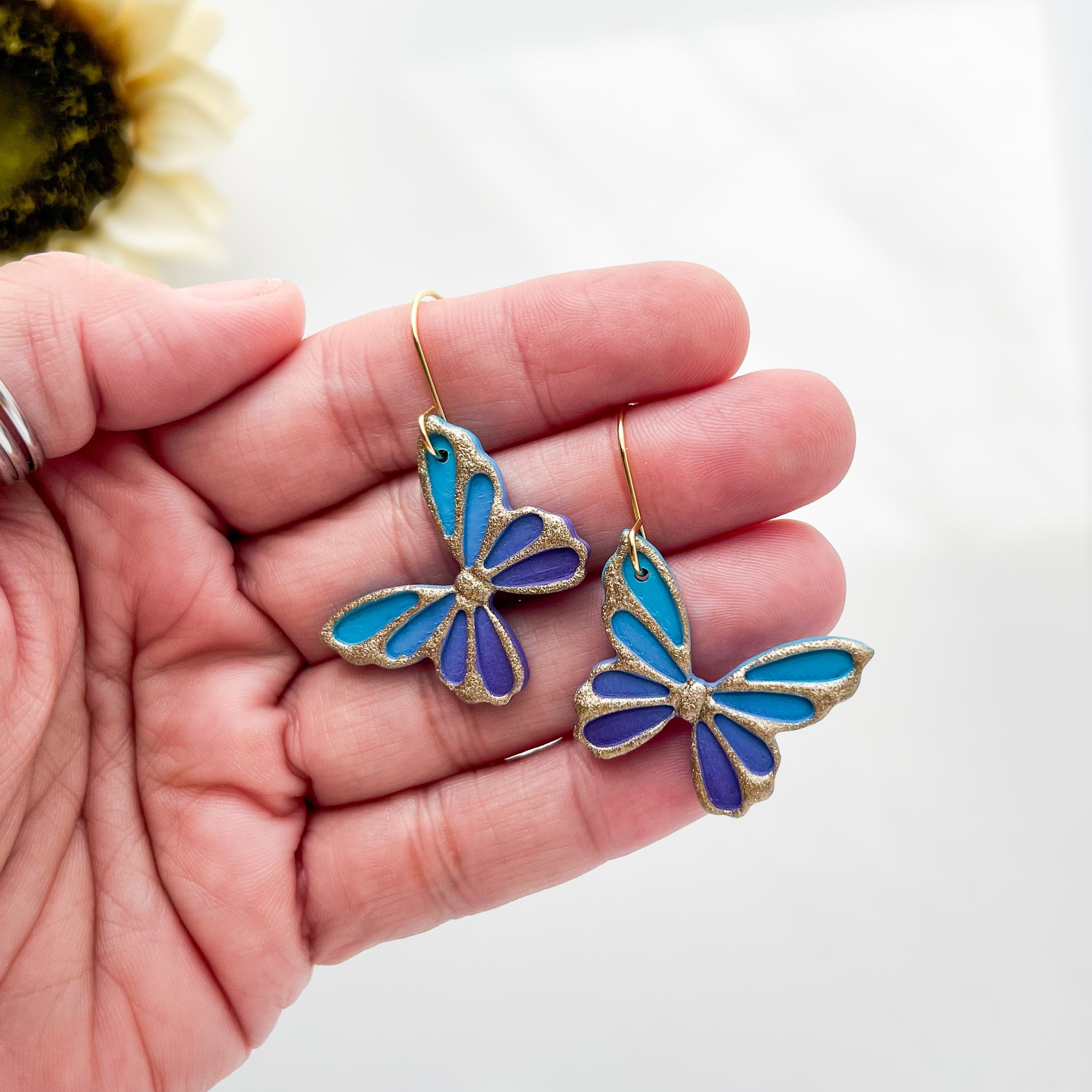 Blue Butterfly Dangle Earrings | Whimsical Polymer Clay Jewelry | Handmade Butterfly Clip-On Earrings Option