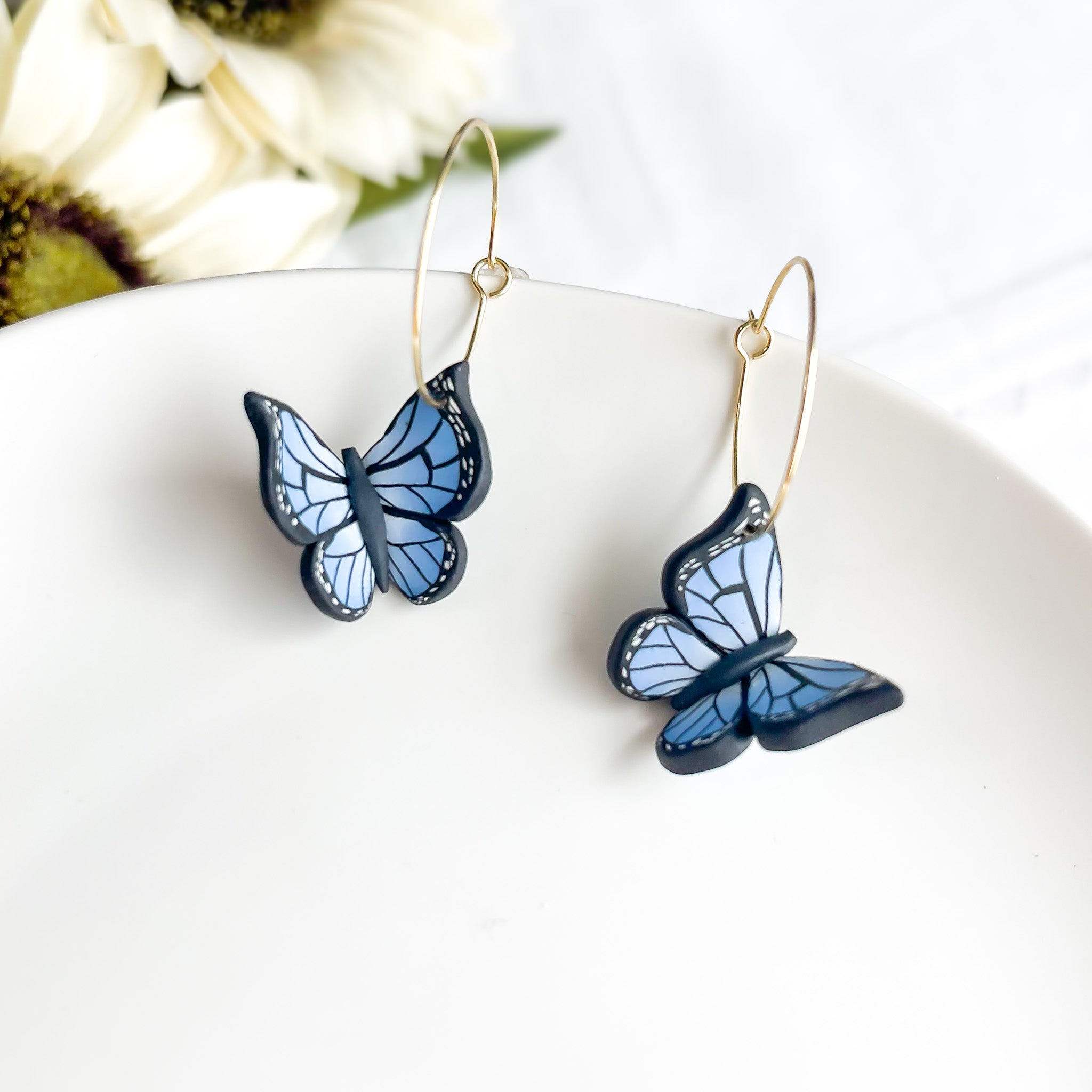 Blue Monarch Butterfly Hoop Earrings Gold | Whimsical Polymer Clay Jewelry | Handmade Butterfly Clip On Insect Earrings