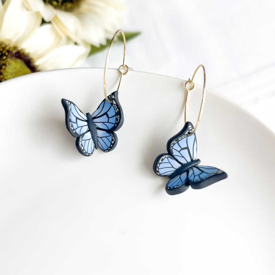 Blue Monarch Butterfly Hoop Earrings Gold | Whimsical Polymer Clay Jewelry | Handmade Butterfly Clip On Insect Earrings