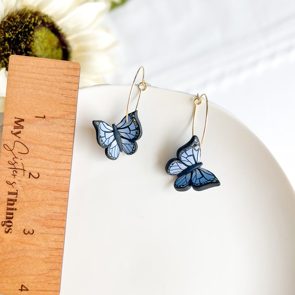 Blue Monarch Butterfly Hoop Earrings Gold | Whimsical Polymer Clay Jewelry | Handmade Butterfly Clip On Insect Earrings