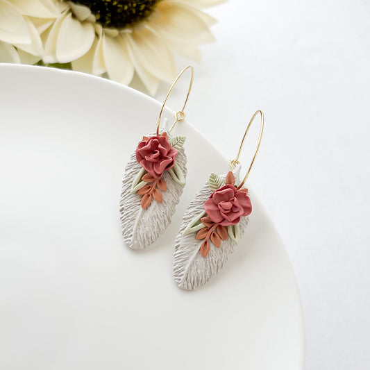 Boho Feather Florals Statement Earrings - Handmade Artisan Jewelry, Edgy & Unique