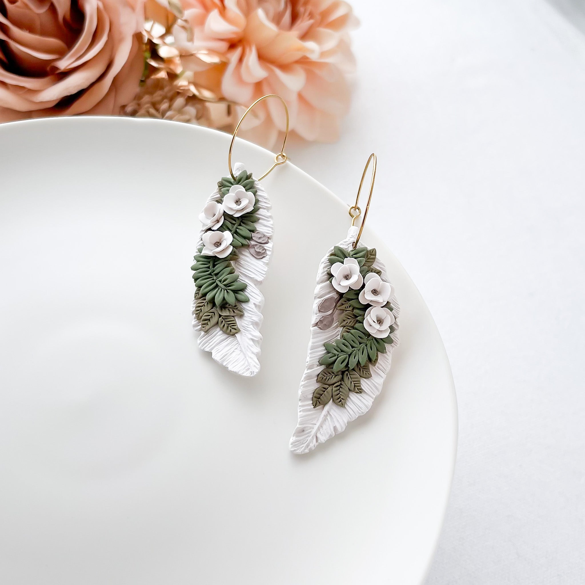 Handmade Feather and Magnolia Statement Earrings | Unique Boho Chic Artisan Jewelry | Boho Clip-On Earrings Option