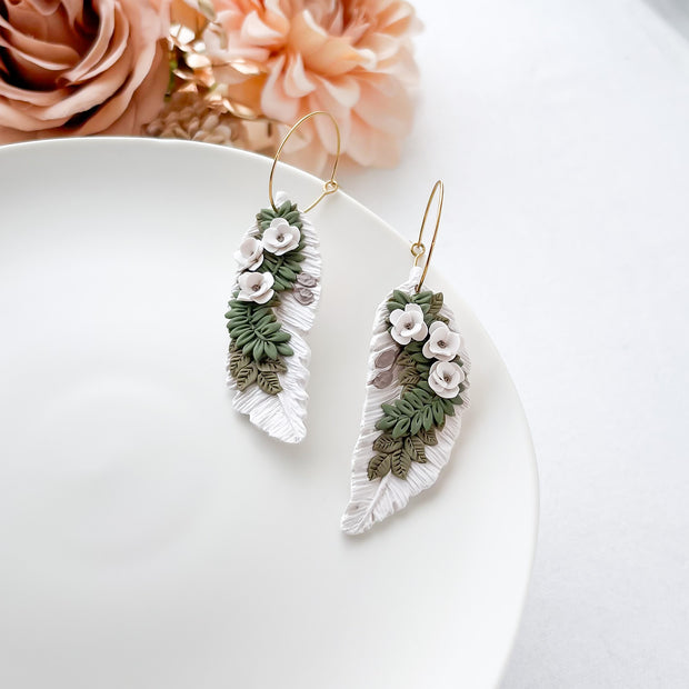 Handmade Feather and Magnolia Statement Earrings | Unique Boho Chic Artisan Jewelry | Boho Clip-On Earrings Option