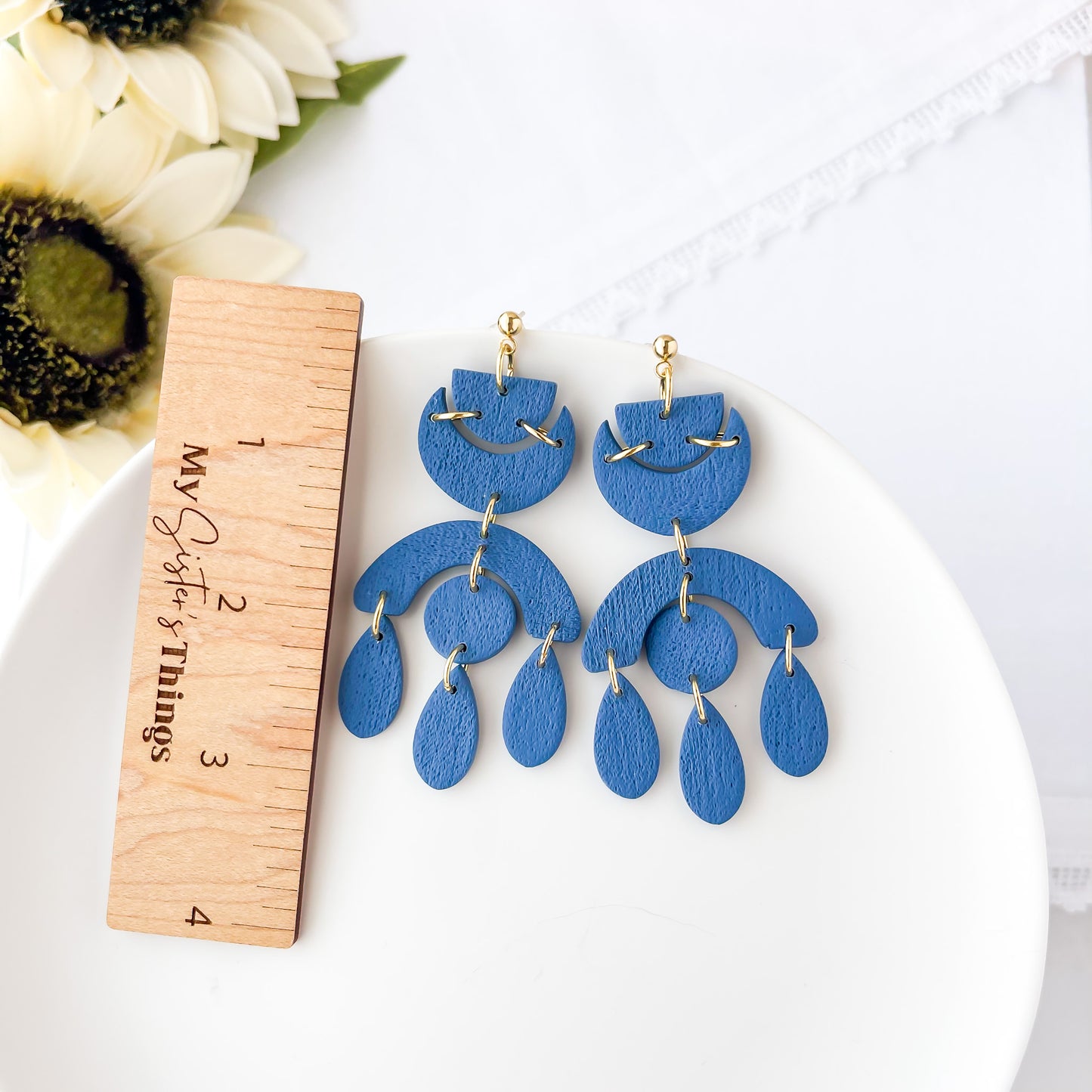 Chic Denim Blue Dangle Geometric Earrings, Lightweight Statement Jewelry, Polymer Clay Clip On Earrings