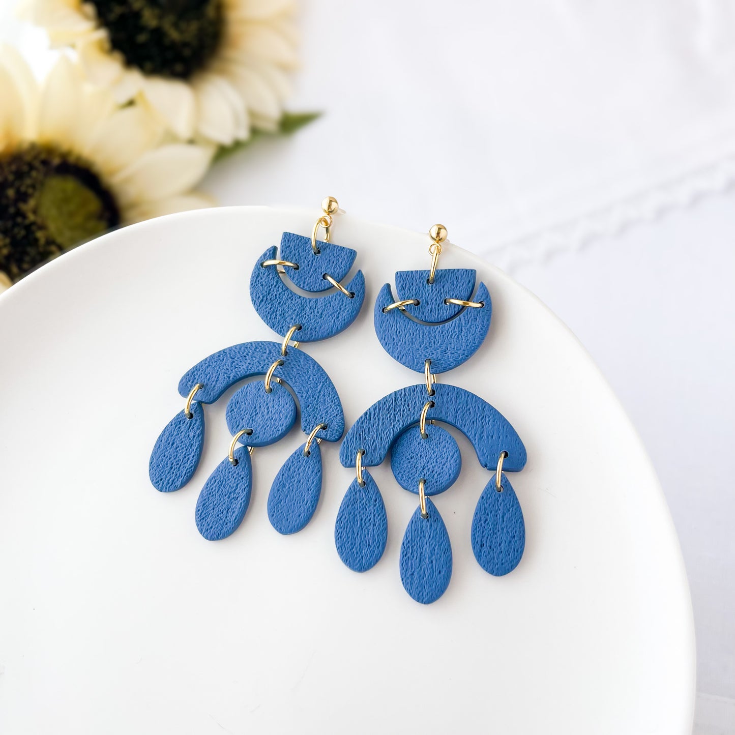 Chic Denim Blue Dangle Geometric Earrings, Lightweight Statement Jewelry, Polymer Clay Clip On Earrings