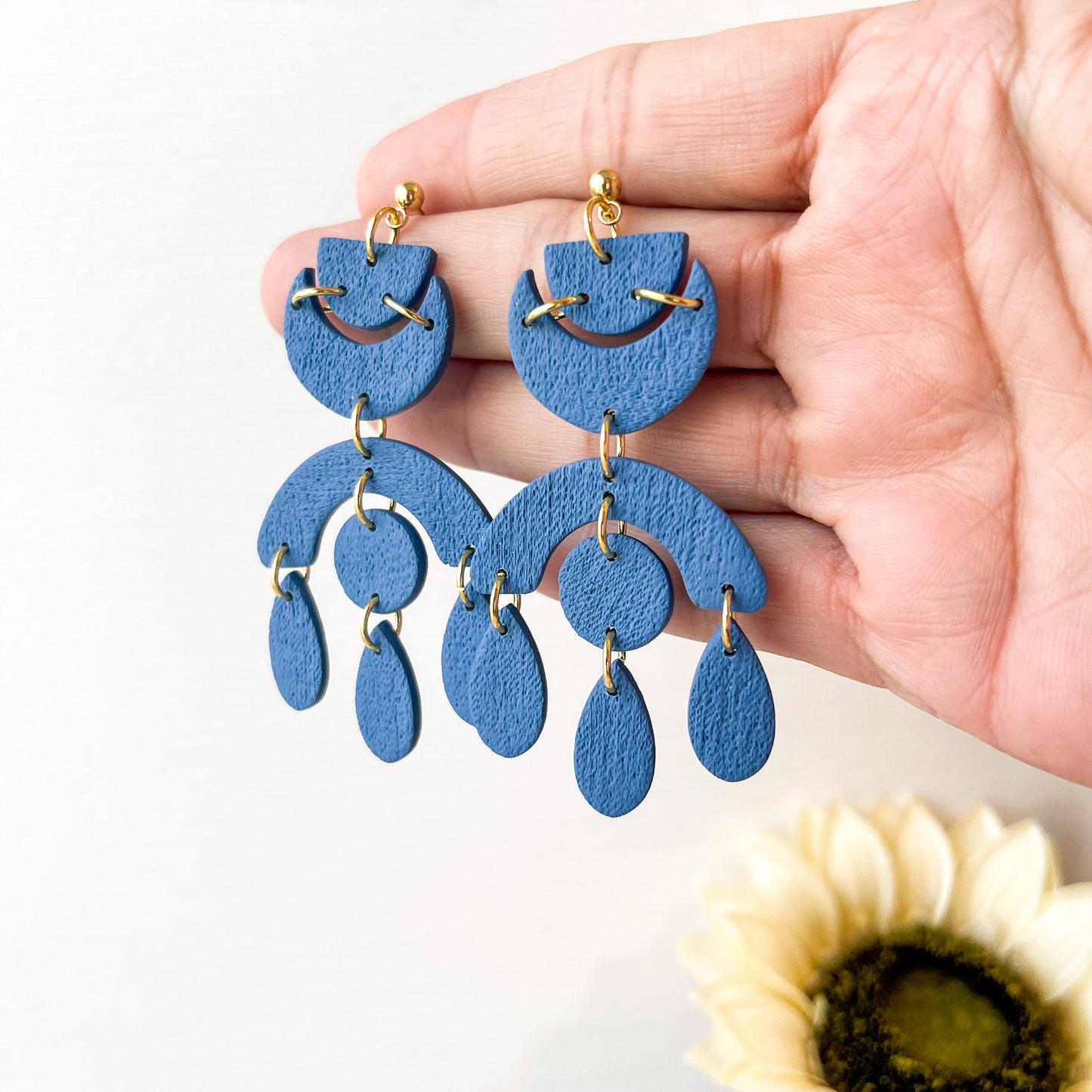Chic Denim Blue Dangle Geometric Earrings, Lightweight Statement Jewelry, Polymer Clay Clip On Earrings