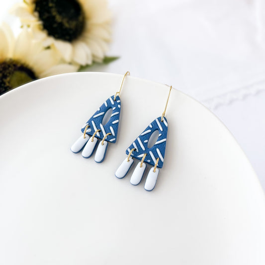 Abstract Blue & White Dangle Geometric Earrings, Lightweight Handmade Statement Jewelry, Polymer Clay Clip On