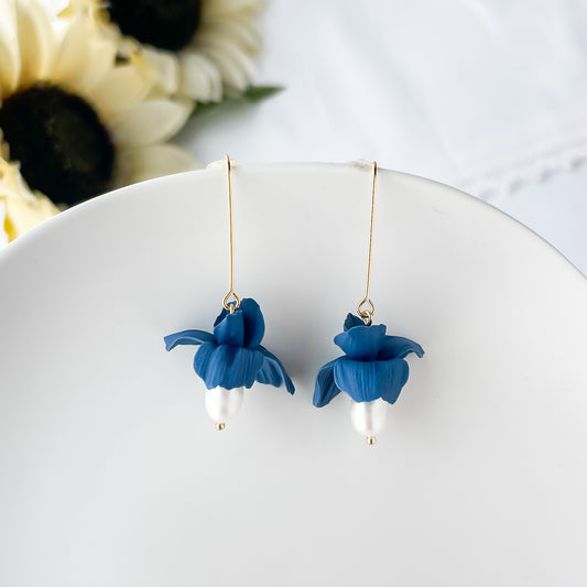 Iris & Pearls Earrings, Lightweight Polymer Clay Flower Statement Earrings, Unique Clip On Earrings